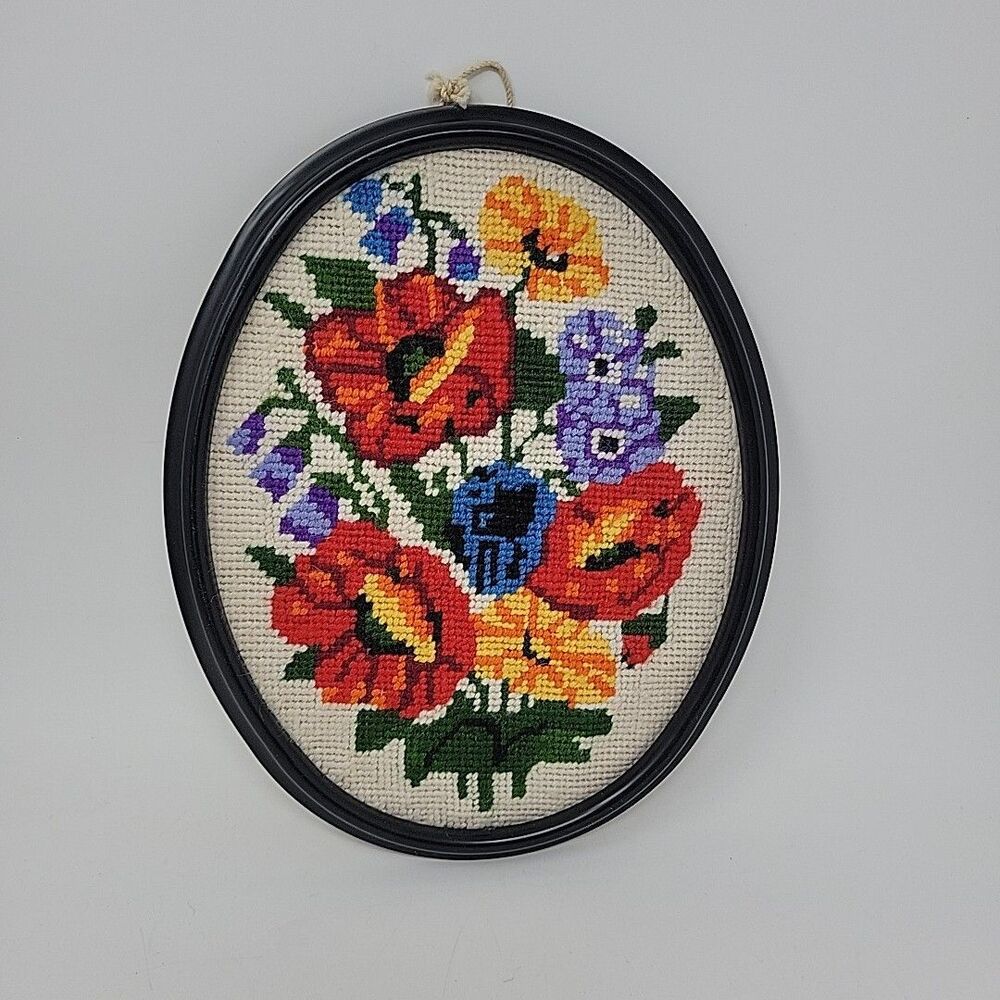 Embroidered Yarn Art Crewel Pansies Flower In Bowl Oval Frame Vintage 9x7